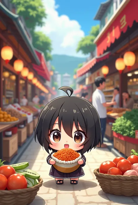 chibi eating food inside Japan food market