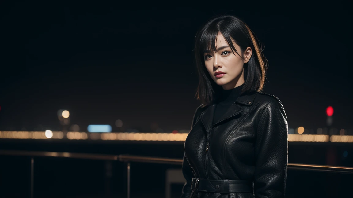 standing in a modern city at night with neon lights, masterpiece, rough skin, very detailed, Photoreal, (japanese mature, 30 years old), women sexy, detailed face, beautiful eyes, bangs, good shape small breasts, black straight hair, faint lips, sweater, s...