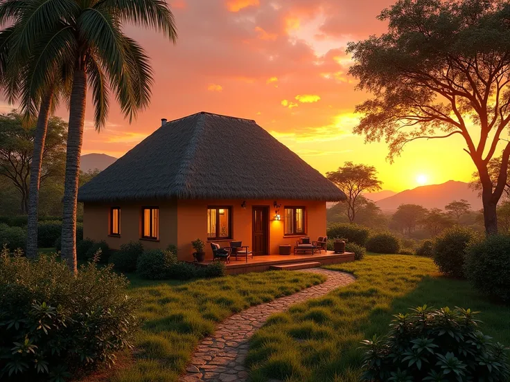 (photorealisme:1.2) A modest little African country house surrounded by greenery, with a sunset in the background 