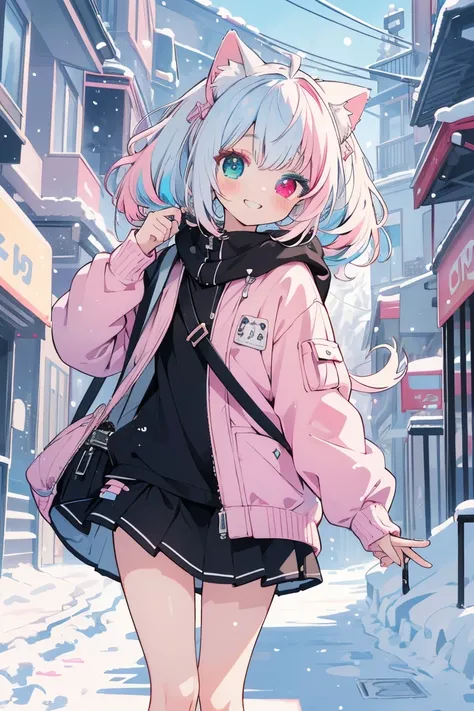 ((masterpiece)), ((best quality)), (ultra-detailed), ((kawaii)), cute, (lovely), ((extremely detailed)), 4K, (8K), best quality, (beautiful), anime style2, full body, a loli, solo, beautiful pastel pink hair,twintails, ((beautiful eyes)),((( heterochromia:...