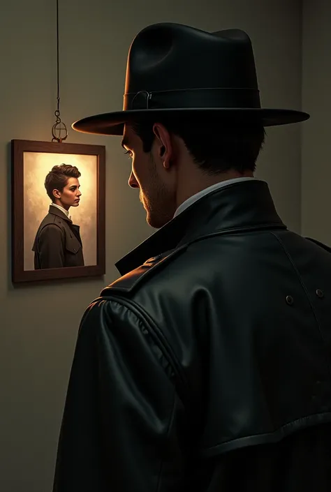  arafed image of a man wearing a hat and trench coat looking at a photo of a woman, a portrait of a character inspired by Art Frahm ,  trend in cg , serial art, Black detective and a fedora , Martin then Artwork Portrait,  mysterious and nostalgic art conc...