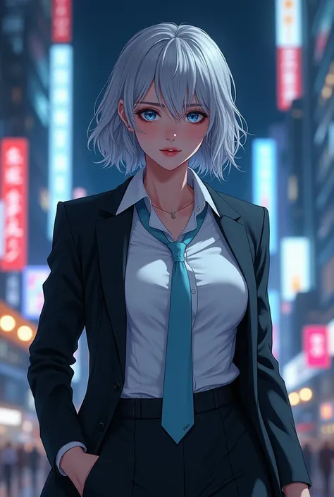 Gray Hair, short hair on the nose ,Light blue eyes, pure white skin, excellent style ,Handsome Girls, pretty girl,Neutral, curvy body , adult woman laughing,Beautiful breasts, nice butt, Tall,Muscular, button-down shirt ,Light blue tie, button-down shirt の...