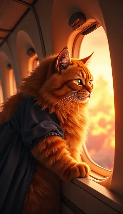 In cinematic 3D style, HD image ,realistic image, colourful image.
Character,A Lina big orange cat wearing dark blue long dress, expression sady
Action,A big orange cat is looking out from a window in a aeroplane with both its hands placed on the window an...