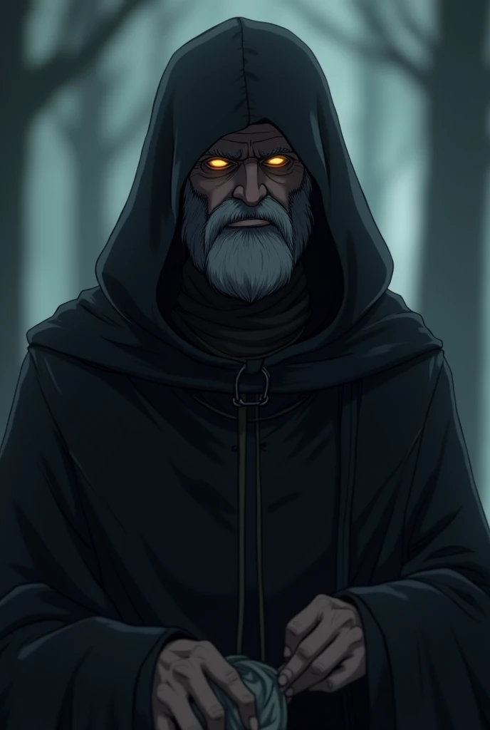  in an anime style that can be comics or cartoons.  . Appearance: The camera focuses on a mysterious middle-aged man whose face is poorly defined due to the cloak that covers his head, but has bright and sharp eyes that appear from under the cloak.  wearin...