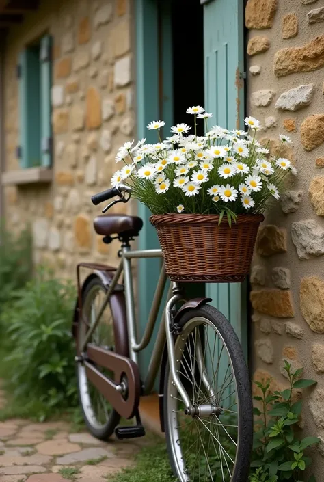  Realistic photo of a bicycle with a basket filled with white daisy flowers , bicycle anchored on a stone house wall  