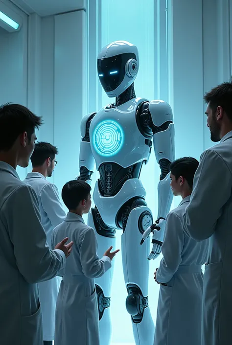 doctors are standing around the robot he likes the glowing glass with control