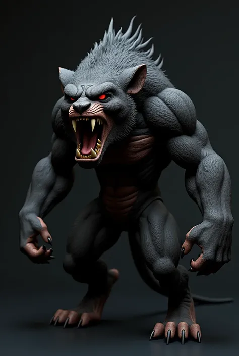 " Create a 3D model of a ferocious predator with the following attributes:
Height: 2, 5 meters
Hair color : dark,  almost black
Fierce and aggressive : bodybuilder,  with defined muscles
Canines :  Prominent and sharp
Eyes : threatening ,  with red or oran...