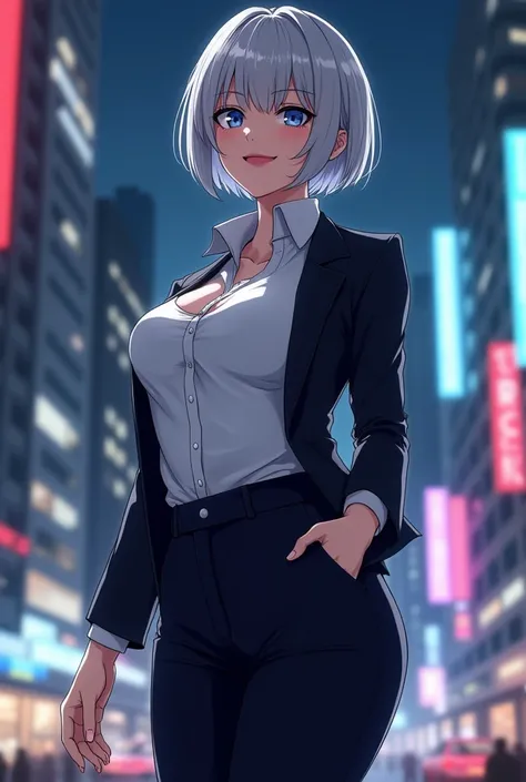 Gray Hair, short hair on the nose ,Light blue eyes, pure white skin, excellent style ,Handsome Girls, pretty girl,Neutral, curvy body , adult woman laughing,Beautiful breasts, nice butt, Tall,Muscular, button-down shirt ,Light blue tie, button-down shirt の...