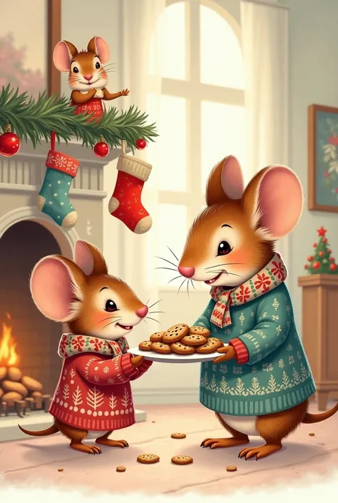 coloring page for ren age 4-,dad mouse standing on a chair hanging festive socks around a fireplace lit,mom mouse standing looking at daughter mouse who gives mom mouse cookies on a plate,two mice holding garlands all in sweaters festive