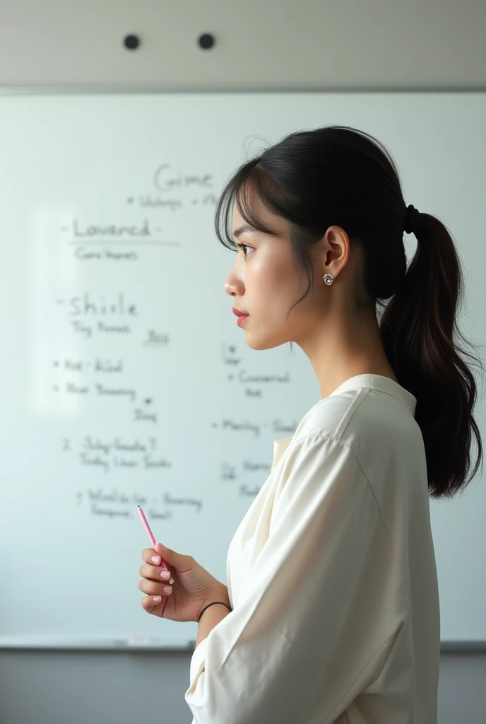 side view of pixar a young lady thinking in front of a white board