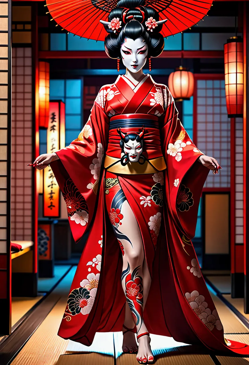 anime geisha japonaise portant un kimono avec un masque oni effrayant de couleur rouge, corps entièrement tatoué , pieds nus