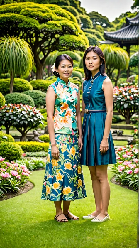 Asian mother and her teenage daughter in a majestic garden award winning portrait looking directly to viewers.  