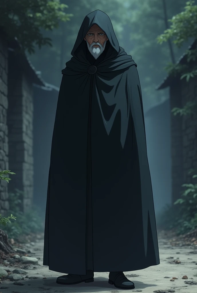  in an anime style that can be comics or cartoons.  . Appearance: The camera focuses on a mysterious middle-aged man wearing a long black cloak with black shoes with a headdress that covers his facial features, 
