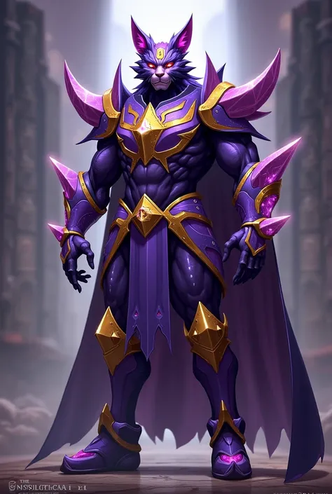 A Leonin Clerigo Greek character for League Of Legends Stratovarius World for League Of Legends male male Persona Leo with only armor that is purple and yellow and with futuristic crystals Paladin for League Of Legends Megazord mask 