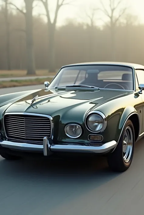 Design a Studebaker modified Golden Hawk that preserves its classic elegance, luxury, and vintage appeal, while incorporating contemporary design elements. The front should feature a sleek grille with thin chrome or blacked-out surrounds, complemented by s...