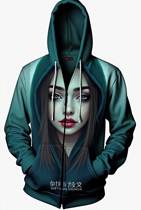 create a hoodie with name Mahnoor Batch 211 Software Engineer them squid game girl hoodie soft background