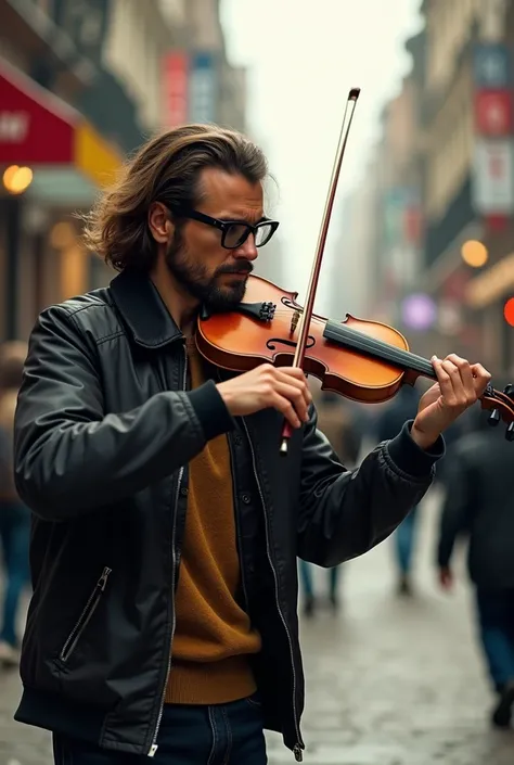 a man with tan skin ,  long hair ,  height and medium build .  wears black glasses because he is blind ...  he is playing a violin outside a city.