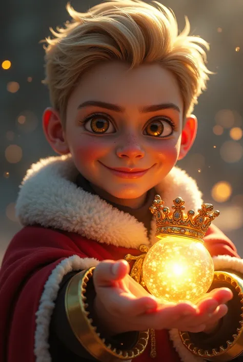  do not change anything other than facial features and make it 4K. 3D short hair , golden eyes,  camera lens with a width of 70%,  in 8K eight dimensional drawing, High resolution, Best quality,  HD models. , 
Have him hold a crown in his left hand and a b...