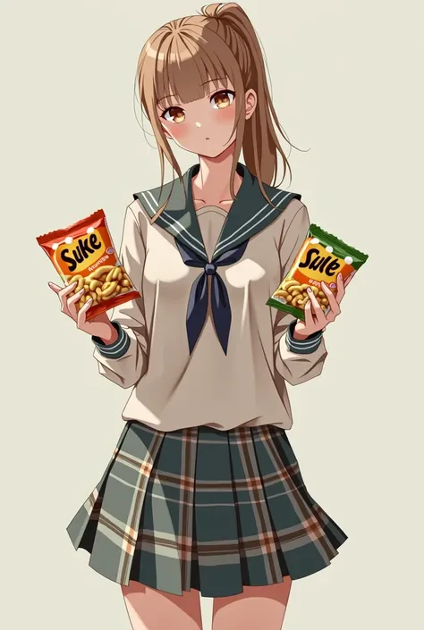 A beautiful woman wearing a middle school uniform. With a plaid skirt. Long light brown hair tied in one ponytail. Stand while holding 2 snack products with both hands. Make him hold 2 different foods. holding 2 different foods. Showing the body as a whole...