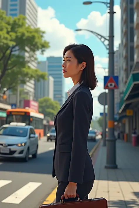 a school lady waiting for a cab or taxi on aside walk with traffic in the Philippines