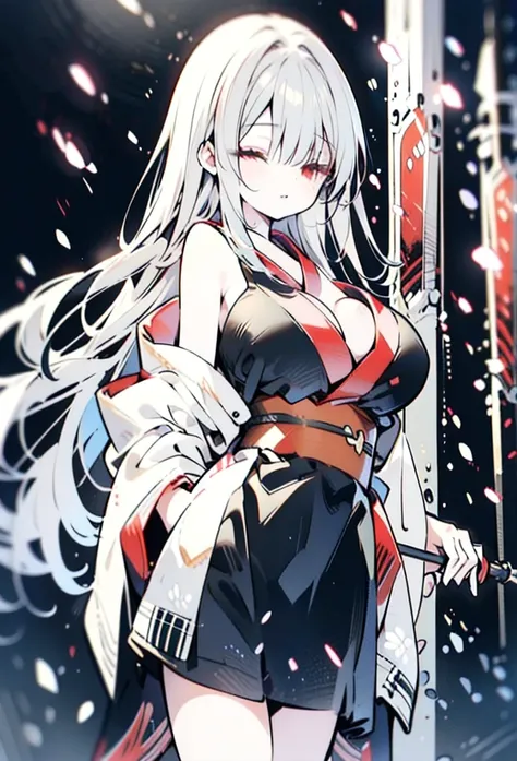 Black kimono hair long　smile,  
Red eyes,  very long hair,  close your mouth,  accessories with gray hair,  closed eyes, リボンヘア accessories with gray hair,  high definition , accurate,  best quality,  high definition model with a long spear,  textured skin,...