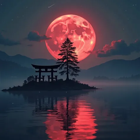 torii gate, A vivid red full moon casting its reflection on the serene lake, with a tall pine tree silhouetted on the island in the center. The sky is overcast with dark clouds, and a shooting star is visible.