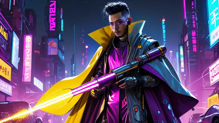 ( best quality:1.3), (Best Shows:1.2), ( best illustration :1.2), ( comic style :1.2), (Art film lighting :1.2) (1 person)  wearing a futuristic cyberpunk electronic robe ,   his body was covered with metal parts  ,  holding a reddish-purple sweet potato b...