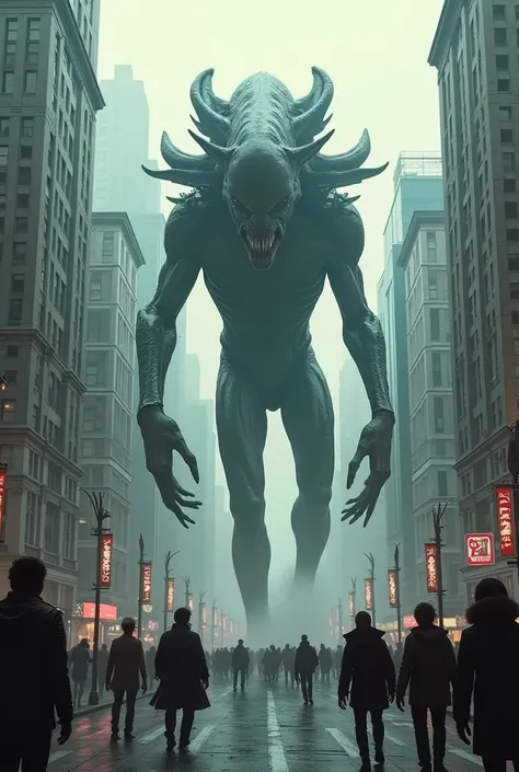 A huge size monster very scary alien walking & eating humans in the city in a high-end street, master sleep, in front of lots of people like a culinary pro

