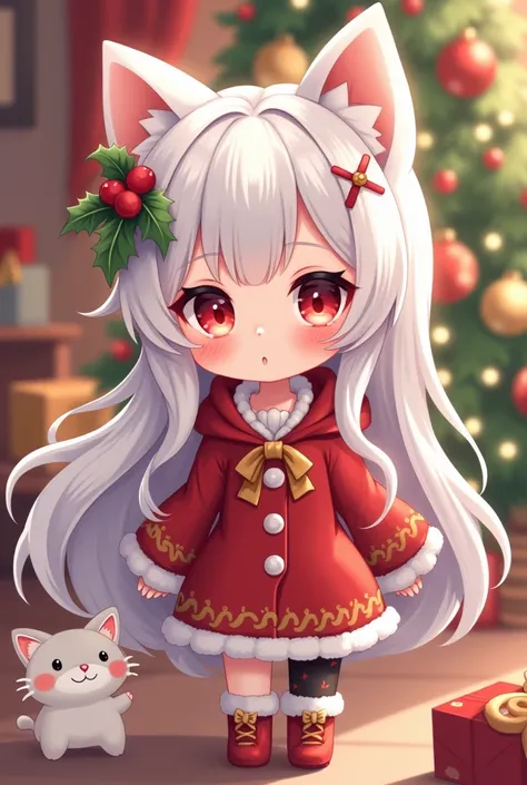 beautiful woman, white hair, long hair, cat ears, red eyes, red hoodie, Christmas outfit, chibi, cartoon
