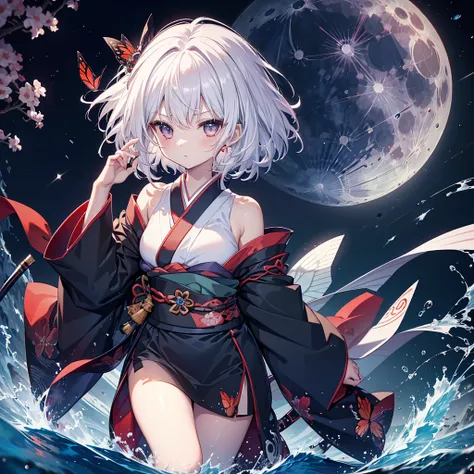 1girl、((( best composition、 best quality、 masterpiece、 Official Art)))、((((真っ赤な満moon、Ninja)))),　(((Milky white hair color、　 Black Kimono、Red belt　  goddess of victory  )))、　((Red butterfly　  knight 　 Japanese style、old　shoulder))　(moon、star)、　Shining Edges...