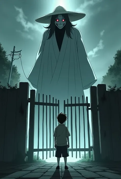 Shocking animated image of Hachishuakusuma behind the fence mined a Japanese boy Aiko 
Super tall woman,  he was wearing a wide-brimmed hat and a white robe that fluttered in the wind . strange smile, too wide and his eyes spoke bleeds looked like a shadow...