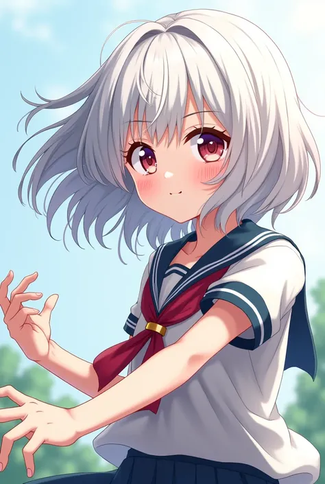 A ppk of an anime woman,bangs,(bob hair:1.4),(disheveled hair:1.0),(wavy hair:1.0),white hair,baby face, cute face,slender,sailor,school uniform,(dynamic pose:1.4),