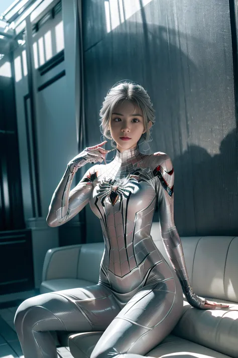 (Extreme Detail CG Unity 8K Wallpapers，tmasterpiece，Highest image quality)，(Delicate light and shadow，The picture is highly dramatic，Cinematic lens effect)，full bodyesbian，A girl in a short white Spider-Man dress，Long silver-gray hair，From the Spider-Man p...