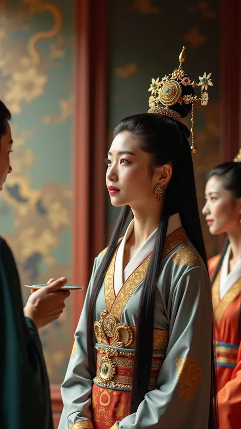 " Wu Zetian watching artists as they paint murals and write poetry in a palatial setting. She wears an imperial dress with details in gold and jade ,  while her expression reflects interest and appreciation for the arts .