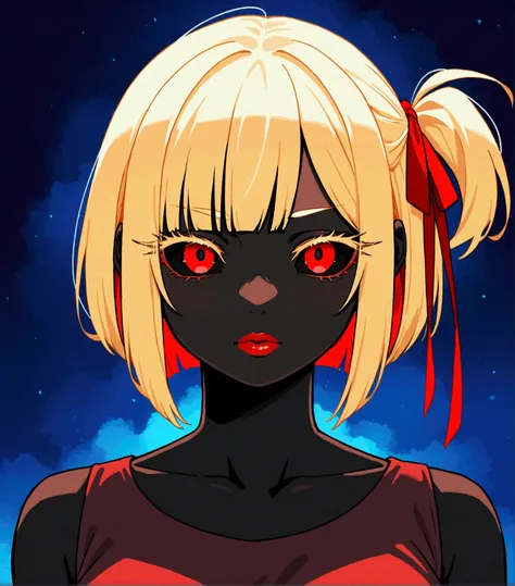 Shes a black skin, with darker skin, uncharacteristic blonde hair that extends all the way to the back, with long eyelashes, full eyes, thin eyebrows of the same color as hair , fresh, plump lips with a small nose
,,Black sclera, Pitch black sclera, Red Ey...