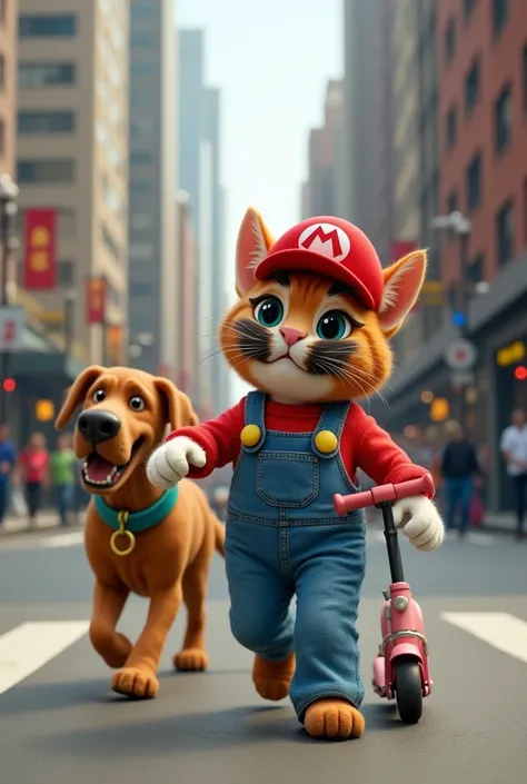 A red cat dressed as Mario walks down the street with a scooby 