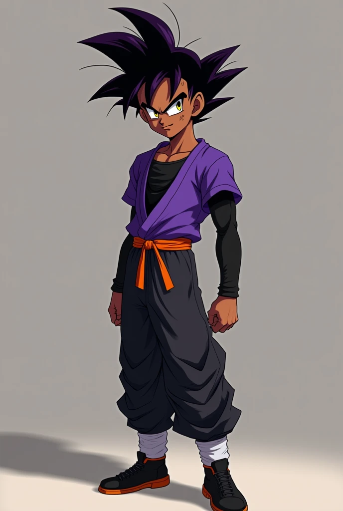 He’s an anime character a Saiyan from Dragon Ball and he’s a hybrid he has dark skin African-American black spiky hair with a purple tint and yellow eyes I wear a purple training gear shirt with a muscle shirt under it that is black also have black trainin...