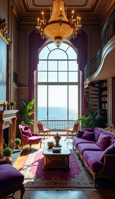 "A luxurious, maximalist living room in a mansion overlooking the sea. The room is filled with ornate furniture, including a velvet purple sofa, armchairs, and a coffee table. A grand chandelier hangs from the ceiling, and the walls are adorned with intric...