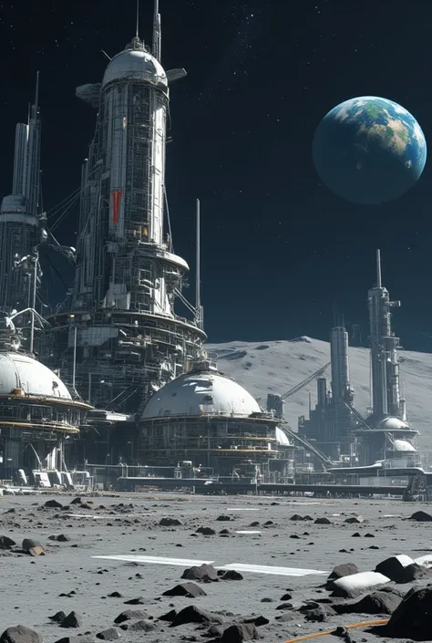 Moon Base, Extremely advanced science and technology, domed , Night Moon, You can see the Earth, Lunar Airfield ,  Spaceplane