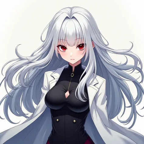 anime girl with white long hair and red black eyes, use clothes like gojo satoru