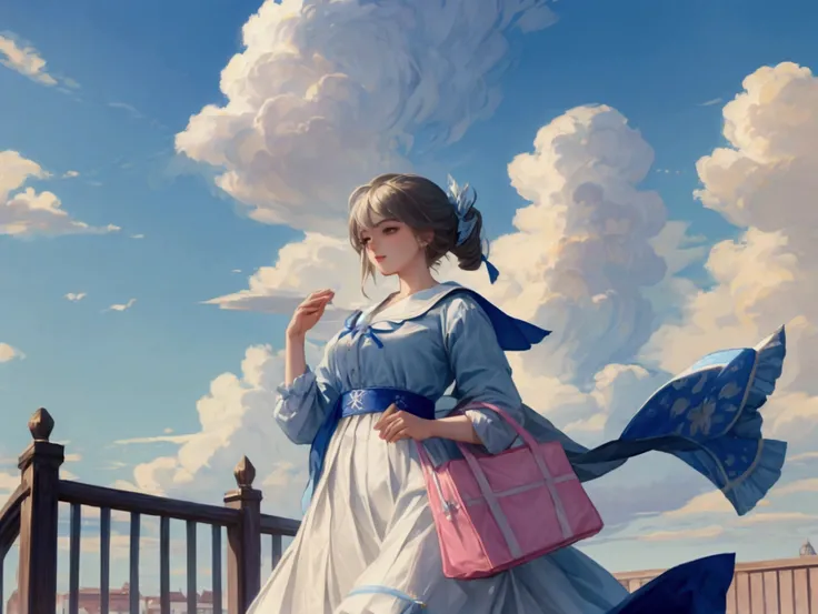 A female student walks from right to left, carrying a bag and facing the sky next to her, the blue sky with beautiful clouds, lamp posts and detailed fences, there is the phrase "Happy Teachers Day!" in the beautiful blue sky, the clouds are quite detailed...