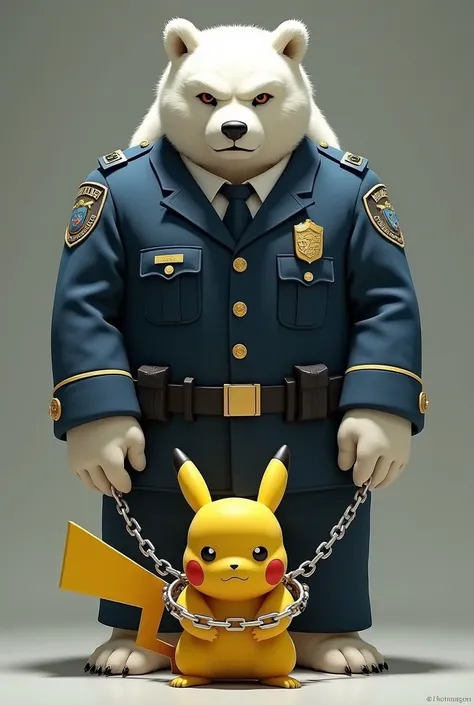 A serious white bear wearing glasses wearing a police uniform is taking away sad Pikachu with handcuffs