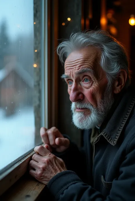 I want a hyperrealistic image of an older man who drops a tear looking at a window at Christmas time