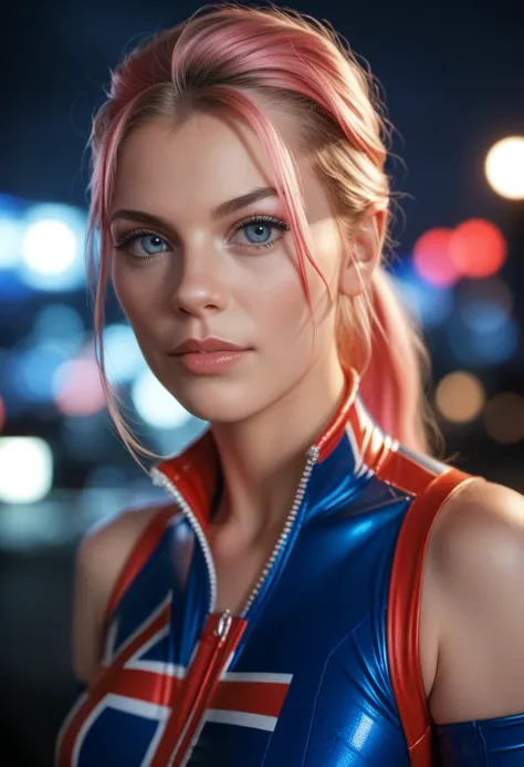 Sexy, Female Captain Britain, Dannii Minouge, Strawberry Blonde Hair In Ponytail, Perky Tits, Tight Cotton Union Jack Suit, detailed, Nightime Cityscape Background, Photorealistic, high resolution, 8k, photorealistic, hyper detailed, intricate details, dra...