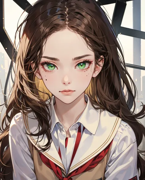 one girl, long brown hair, warm pale skin, light makeup, light green eyes, wearing a school uniform. serious look on her face, eyes sharp almond shape, mole under her left eye, (closed mouth)