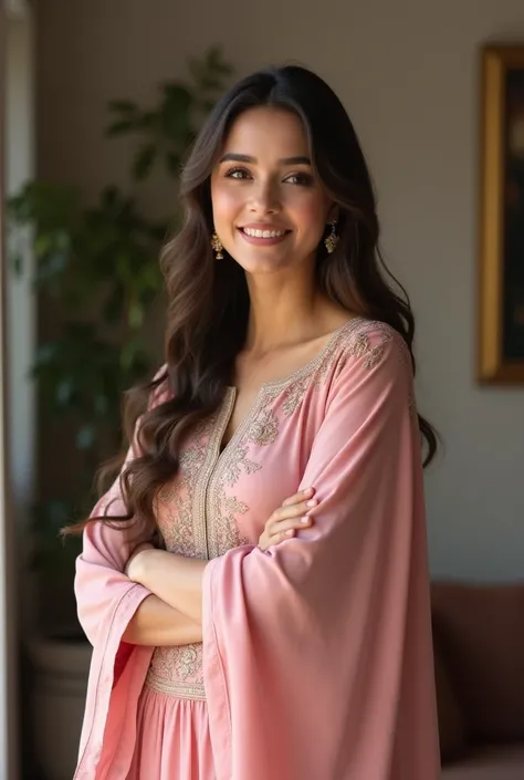 "A 35-year-old beautiful woman with long, soft, wavy brown hair, elegantly dressed in a pink salwar kameez with intricate embroidery. Her face glows with a gentle smile, exuding confidence and grace. She stands in a poised and charming posture, radiating e...