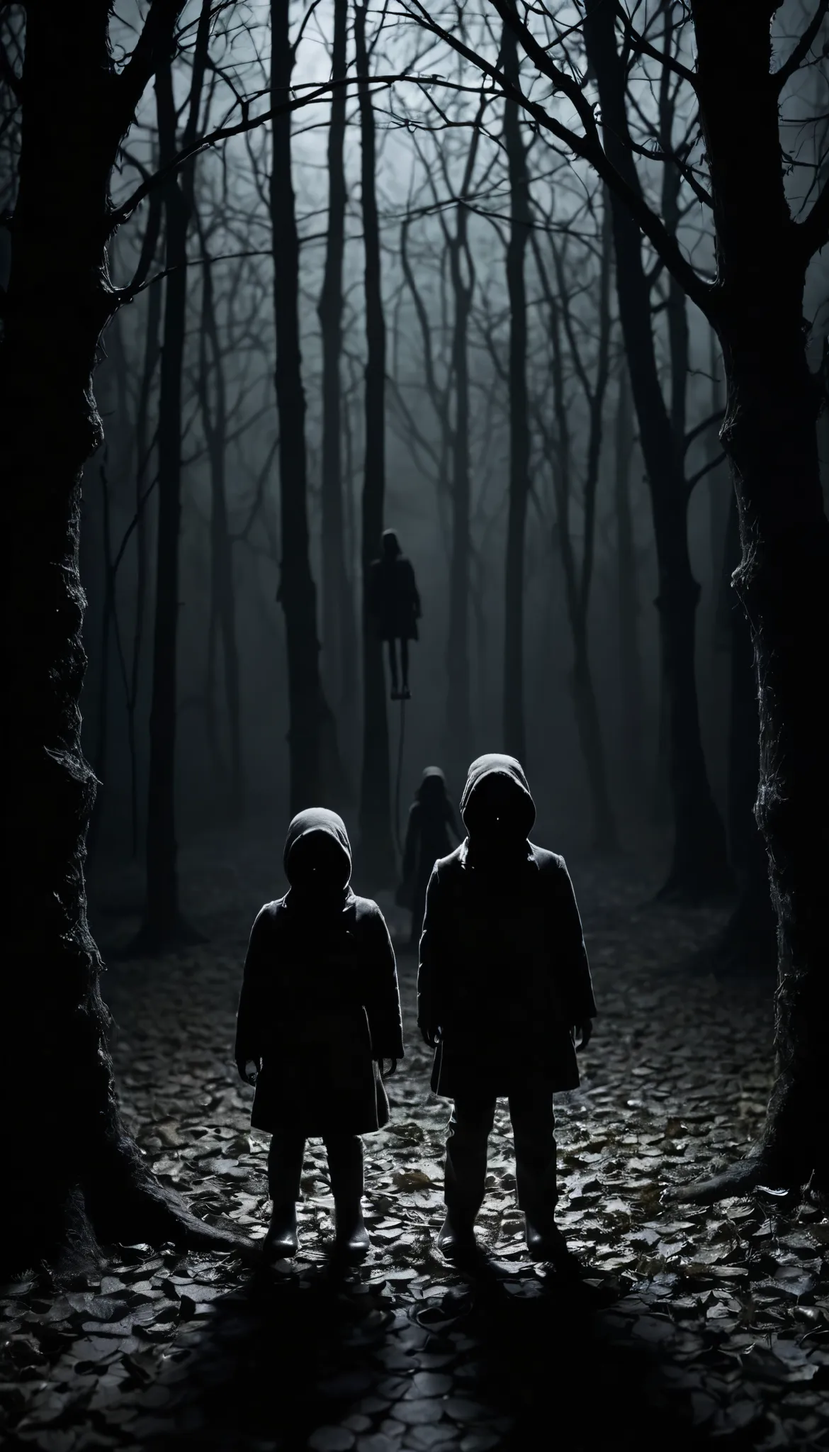 create a creepy and suspenseful image featuring small, frightened figures. place these figures in a dark and eerie setting, with...