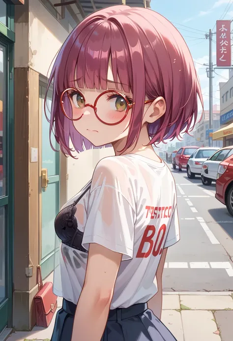 (masterpiece),(best quality),(ultra-detailed), (illustration), (an extremely delicate and beautiful) 1 girl,looking back,blush,embarrassed BREAK 1magenta hair,shaggy cut,blunt bangs,hazel brown eyes, wearing round glasses,red frame glasses,small breasts BR...