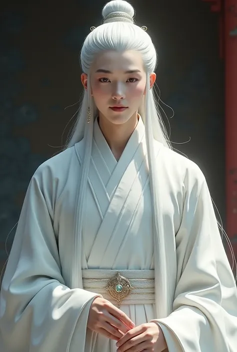 Ancient male, medium-sized eyes, straight nose, medium-sized thin lips, slender face, white skin, platinum color, waist-length, half-up, tied with platinum string, two sideburns, neither thick nor thin, ancient Chinese costume, white, wide sleeves