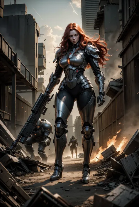 a beautiful woman with long red hair, porcelain skin, green eyes, sleek black super revealing space marine armor with intricate details, seductive, standing in a firey battleground with explosions and debris, (best quality,4k,8k,highres,masterpiece:1.2),ul...